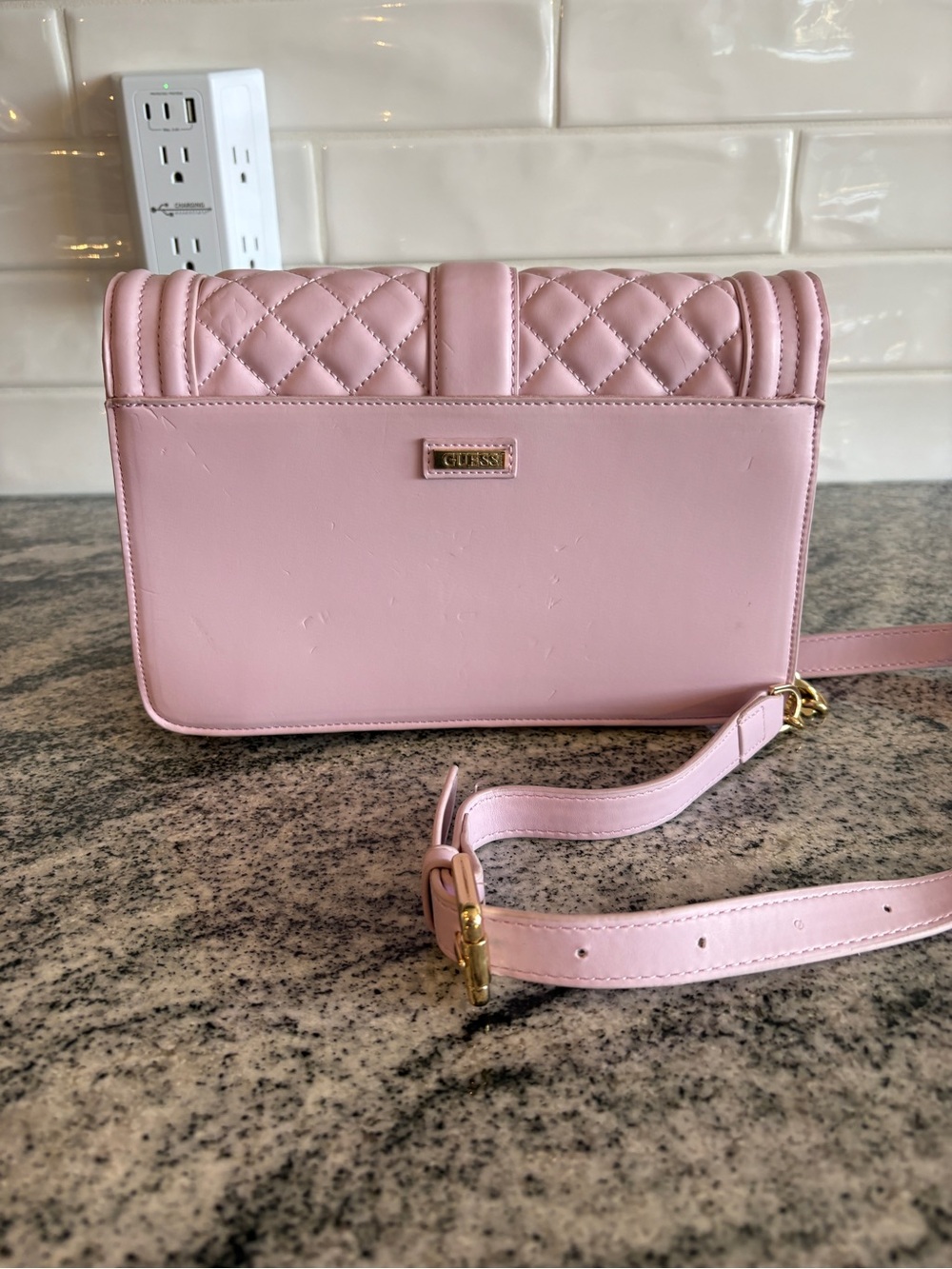 GUESS Quilted Pink Leather Crossbody with Gold Hardware
